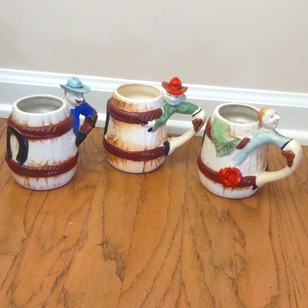 3 Vintage Occupied Japan Cowboy Barrel Mugs